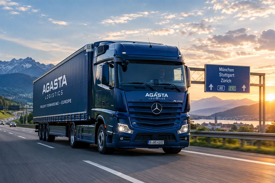 Semiremorcă AGASTA LOGISTICS pe un coridor european, la apus de soare