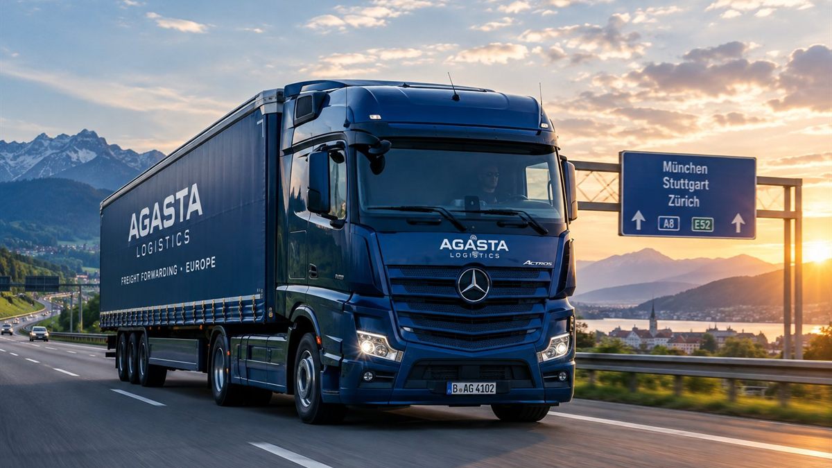 Semiremorcă AGASTA LOGISTICS în mișcare pe o autostradă europeană